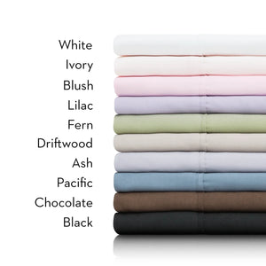 Brushed Microfiber sheets in white, ivory, blush, lilac, fern, driftwood, ash, pacific, chocolate, black