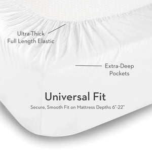 Supima Cotton sheets - universal fit - secure, smooth fit on mattress depths 6"-22". Ultra thick full length elastic and extra deep pockets.